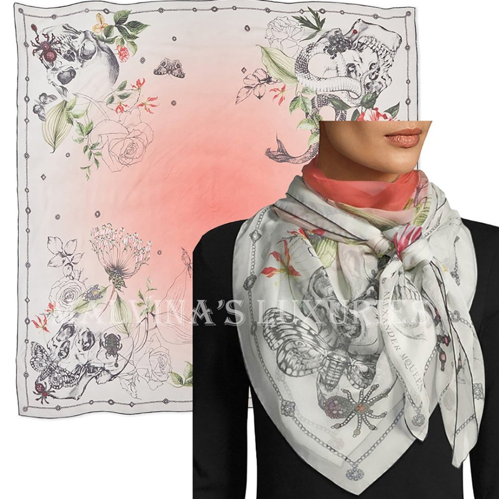 COPY - ALEXANDER MCQUEEN SCARF BOTANICAL SKULL PRINT CHIFFON SILK SQUARE 54"